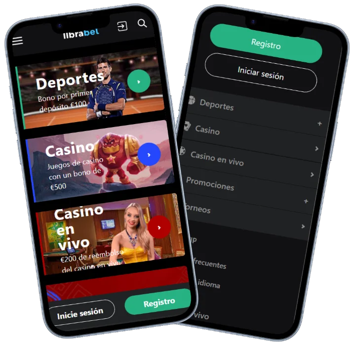 Librabet Casino Aplicación Móvil Librabet Casino versión móvil con acceso a deportes casino y menú de navegación